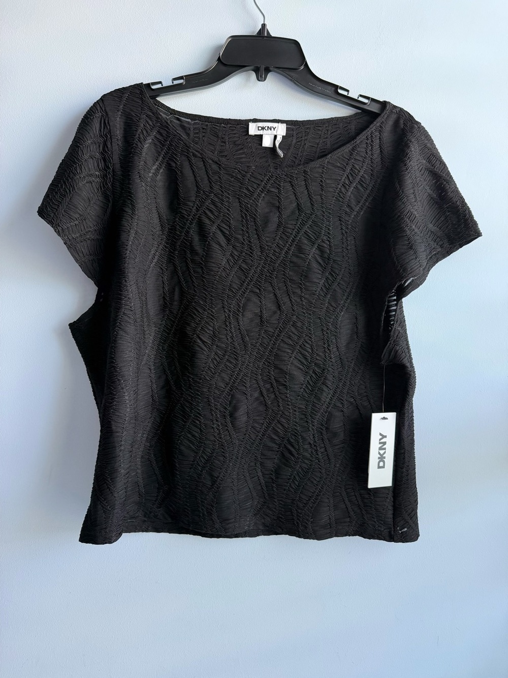 DKNY Women's Black Textured Boat-Neck Short-Sleeve Top Size XL